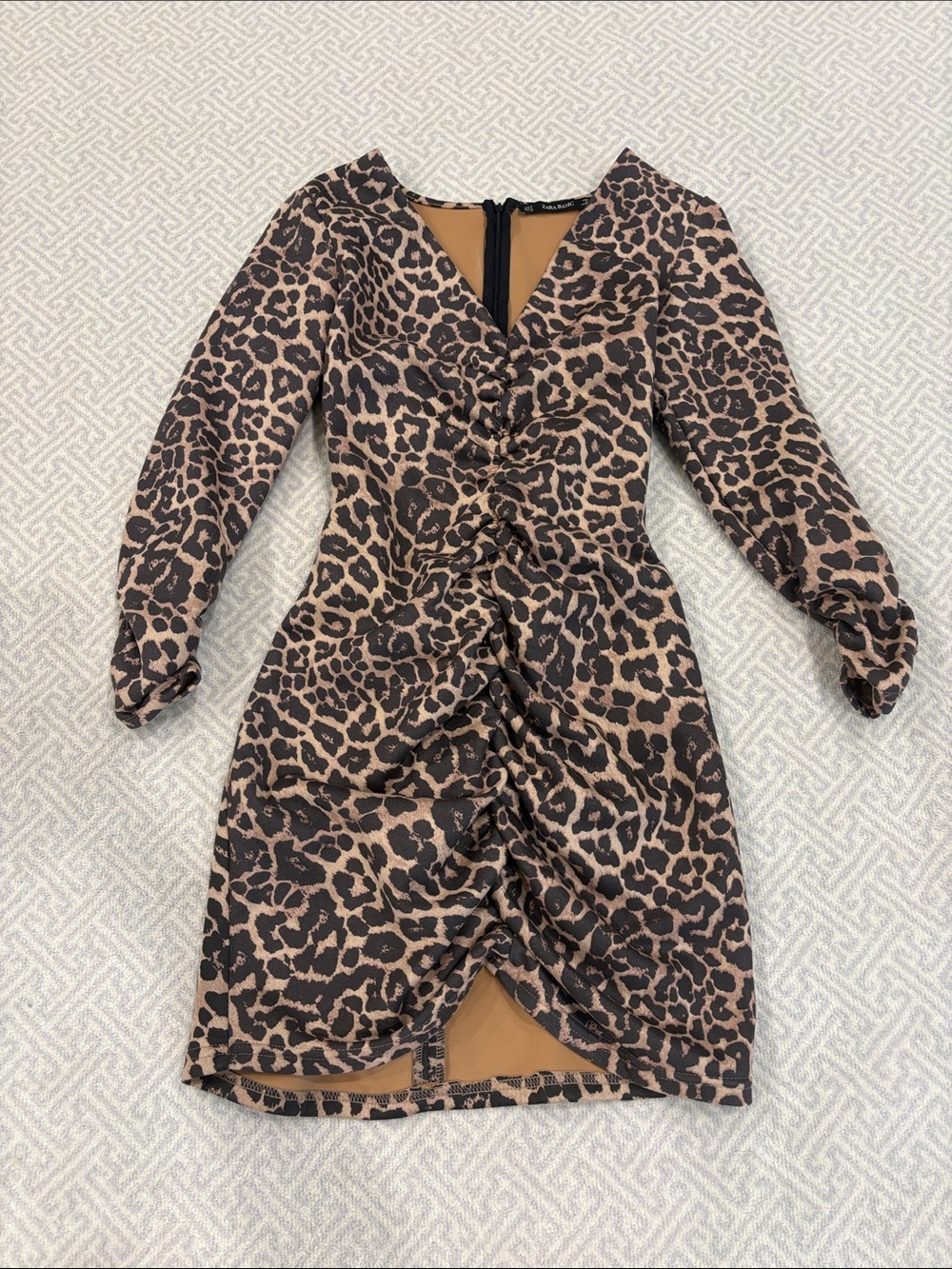 Zara Leopard Ruched Long-Sleeve Mini Dress - Brown/Black
